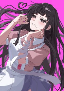 apron bandages black_hair blue_skirt blush crying crying_with_eyes_open danganronpa_(series) danganronpa_2:_goodbye_despair highres long_hair parted_lips pink_background pink_shirt pleated_skirt purple_eyes sad shirt skirt tears tsumiki_mikan yiwu_jiaoyu