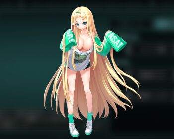 1girl aqua_eyes aqua_socks bags_under_eyes bare_shoulders black_shorts blonde_hair blurry blurry_background breasts closed_mouth collarbone dmm full_body game_cg green_shirt green_sleeves hands_up huge_breasts jitome large_variant_set leaning_forward long_hair long_sidelocks long_sleeves looking_down loriya_romanovich naked_shirt non-web_source oosaki_shin'ya oversized_clothes oversized_shirt shirt shoes short_shorts shorts sidelocks sleeves_past_fingers sleeves_past_wrists socks solo standing tachi-e tokyo_necro tokyo_necro_suicide_mission two-tone_shirt variant_set very_long_hair very_long_sidelocks white_shirt white_shoes wide_sleeves