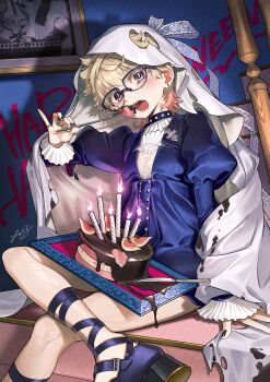 1girl blonde_hair blue_dress cake candle cherico chocolate_syrup commentary_request dress eating fig figure_four_sitting food fork ghost_costume glasses halloween highres holding holding_fork indoors juliet_sleeves knife lace_ribbon long_sleeves looking_at_viewer open_mouth original puffy_sleeves short_dress short_hair signature sitting sitting_on_stairs solo stairs