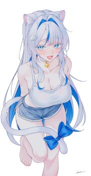 1girl absurdres animal_ears aokumo_rin bare_shoulders barefoot bell blue_eyes blue_hair blue_shorts blush bow breasts cat_ears cat_girl cat_tail choker cleavage collarbone colored_eyelashes commentary_request crop_top dolphin_shorts fang hair_intakes highres jingle_bell kemonomimi_mode korean_commentary large_breasts leg_up long_hair looking_at_viewer midriff multicolored_hair open_mouth shirt short_shorts shorts simple_background sleeveless sleeveless_shirt smile solo standing standing_on_one_leg stellive streaked_hair tail tail_bow tail_ornament thighs two-tone_hair very_long_hair vini_(frisco) virtual_youtuber white_background white_choker white_eyelashes white_hair white_shirt