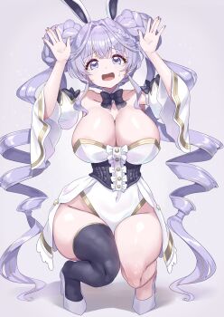 1girl alternate_breast_size_(larger) animal_ears bare_shoulders black_thighhighs blush braid breasts closed_mouth collarbone commentary_request duel_monster full_body gold_trim grey_background high_heels highres huge_breasts leotard long_hair looking_at_viewer memento_vivi playboy_bunny purple_eyes purple_hair rabbit_ears rabbit_tail selettrice_vaalmonica simple_background single_thighhigh smile solo squatting strapless strapless_leotard sweat tail thighhighs twin_braids very_long_hair white_leotard wide_sleeves wrist_cuffs yu-gi-oh!