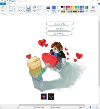 1boy 1girl art_program_in_frame bacon_(roblox) black_coat blonde_hair blue_shirt coat denim english_text flxphlx from_above full_body green_shirt grey_shorts heart holding holding_heart jeans looking_at_another microsoft_paint_(medium) microsoft_paint_(software) painterly pants roblox shadow shirt shoes shorts sneakers speech_bubble standing user_interface