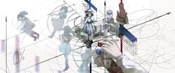 Rule 34 | 1boy, 2girls, absurdres, black boots, black bow, black hair, black pantyhose, blue dress, blue hat, boots, bow, bright pupils, brown jacket, bruce 1354, cable, closed mouth, commentary request, computer, dice, dress, facing away, from behind, geometry, green eyes, hand on own chest, hand up, hat, highres, holding, holding pocket watch, hologram, hourglass, jacket, long hair, long sleeves, lying, makise kurisu, math, monitor, multiple girls, off shoulder, okabe rintarou, on side, pantyhose, pocket watch, puffy short sleeves, puffy sleeves, red hair, science adventure, shiina mayuri, shirt, short hair, short sleeves, sleeve cuffs, square neckline, standing, steins;gate, twisted torso, waist bow, watch, white background, white pupils, white shirt, wide shot, window (computing)