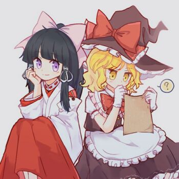 2girls ? apron black_hair black_hat black_skirt black_vest blonde_hair bow bowtie chinese_commentary commentary_request gloves hair_bow hair_ribbon hakurei_reimu hand_on_own_cheek hand_on_own_face hat hat_bow holding japanese_clothes kimono kirisame_marisa long_hair multiple_girls nizi_nnz official_alternate_costume pink_bow portrait_of_exotic_girls puffy_short_sleeves puffy_sleeves purple_eyes red_bow red_bowtie red_skirt ribbon short_sleeves skirt spoken_question_mark touhou vest waist_apron white_apron white_gloves white_kimono white_ribbon witch_hat yellow_eyes