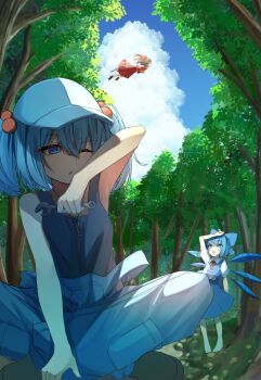 3girls alternate_costume alternate_headwear ascot black_tank_top blue_bow blue_eyes blue_hair blue_hat blue_overalls blue_pants blue_skirt blue_sky blue_vest bow brown_hair cirno cloud collared_shirt commentary day detached_sleeves detached_wings double_strap_slip floating forest gohei hair_bobbles hair_bow hair_ornament hair_tubes hakurei_reimu hashtag-only_commentary hat highres holding holding_gohei holding_wrench ice ice_wings izumi_no_yasushi_aya jewelry kawashiro_nitori key key_necklace long_hair multiple_girls nature necklace one_eye_closed outdoors overalls pants puffy_short_sleeves puffy_sleeves red_bow red_skirt shirt short_sleeves sitting skirt skirt_set sky tank_top touhou two_side_up vest white_shirt wings wrench yellow_ascot