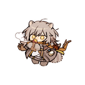 1girl animal_ears belt black_jacket black_skirt bright_pupils brown_scarf chibi chibi_only commentary covering_own_mouth eating food full_body grey_belt grey_hair hair_between_eyes holding holding_food honkai:_star_rail honkai_(series) jacket kemonomimi_mode long_hair long_sleeves looking_at_viewer miniskirt open_clothes open_jacket pocket_watch raccoon_ears raccoon_tail rizu033 scarf shirt simple_background skirt solo standing steam stelle_(honkai:_star_rail) symbol-only_commentary t-shirt tail trailblazer_(honkai:_star_rail) v-shaped_eyebrows watch white_background white_pupils white_shirt yellow_eyes