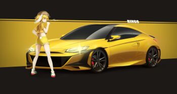 1girl absurdres animal_ears blonde_hair brown_hat car commentary_request dango eating floppy_ears food full_body hat highres midriff motor_vehicle mucsmi newsboy_cap orange_shirt rabbit_ears rabbit_girl red_eyes ringo_(touhou) shirt short_hair shorts standing touhou vehicle_focus wagashi yellow_shorts