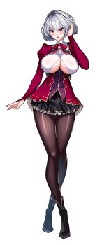 1girl :o absurdres alternate_costume azur_lane black_boots black_pantyhose black_skirt boots breasts clothing_cutout commentary cosplay framed_breasts full_body gold_trim grey_hair hand_in_own_hair heart highres jacket juliet_sleeves large_breasts long_sleeves looking_at_viewer miniskirt motto!_haramase!_(series) motto!_haramase!_honoo_no_oppai_isekai_chou_ero_succubus_gakuen! pantyhose pleated_skirt puffy_sleeves red_eyes red_jacket short_hair sirius_(azur_lane) skirt solo underboob underboob_cutout zer0z_vi