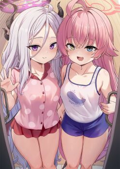 2girls ahoge animal_print bare_shoulders blue_archive blue_eyes blue_shorts blush breasts collarbone fish_print forehead hair_between_eyes halo heterochromia highres hina_(blue_archive) horns hoshino_(blue_archive) long_hair looking_at_viewer milkshakework miniskirt multiple_girls multiple_horns open_mouth parted_bangs pink_hair pink_shirt polka_dot polka_dot_shirt purple_eyes red_skirt shirt short_shorts short_sleeves shorts skirt small_breasts smile tank_top thighs whale_print white_hair white_tank_top yellow_eyes