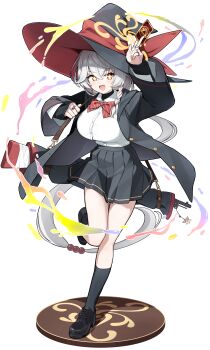 1girl absurdres black_boots black_jacket black_skirt black_socks blue_archive bolt_action boots bow braid breasts carcano card charm_(object) collared_shirt commentary_request crossed_legs eri_(blue_archive) full_body gun hair_between_eyes halo hat hat_ribbon highres holding holding_card holding_weapon jacket jewelry kneehighs large_breasts long_sleeves looking_at_viewer multiple_rings open_mouth orange_eyes pleated_skirt red_bow red_ribbon ribbon rifle ring shirt side_braid simple_background skirt smile socks solo sparkling_eyes standing standing_on_one_leg tilted_halo ujuro weapon weapon_charm white_background white_shirt witch_hat yellow_halo