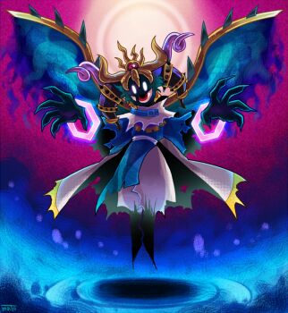 1boy abstract_background armlet belt belt_buckle belt_collar blue_belt blue_robe blue_wings buckle cape claws collar crown energy_sword extra_eyes eye_in_mouth full_body gold_crown jewelry kirby_(series) long_sleeves magolor magolor_soul male_focus master_crown mato_(mozu_hayanie) monster_boy multiple_armlets nintendo pants personification rayman_limbs red_eyes robe scarf shadow signature solid_oval_eyes solo spiked_armlet spiked_wings sword torn_cape torn_clothes torn_robe torn_scarf torn_sleeves weapon white_cape white_eyes white_pants white_scarf wings