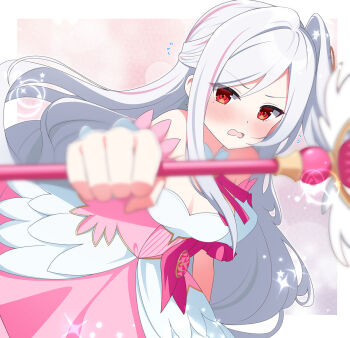 1girl blue_archive blurry blurry_foreground blush breasts commentary_request depth_of_field dress eko head_wings holding holding_wand long_hair looking_at_viewer magical_girl multicolored_hair open_mouth pink_hair red_eyes single_head_wing small_breasts solo streaked_hair suzumi_(blue_archive) suzumi_(magical)_(blue_archive) two-tone_hair wand white_hair wings