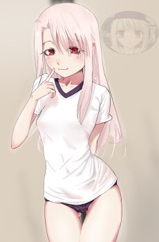 1girl ajishishi arm_behind_back blue_buruma blush breasts buruma check_copyright closed_mouth collarbone commentary copyright_request cowboy_shot english_commentary fate/kaleid_liner_prisma_illya fate/stay_night fate_(series) finger_to_own_chin gluteal_fold gym_uniform highres illyasviel_von_einzbern long_hair looking_at_viewer pink_hair red_eyes shirt short_sleeves small_breasts solo thigh_gap white_shirt