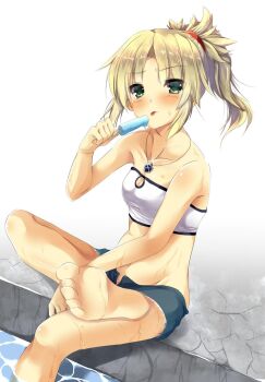 bare_shoulders barefoot blonde_hair blush breasts candy collarbone denim denim_shorts dot_nose fate/apocrypha fate/grand_order fate_(series) food green_eyes hairband highres icicle jewelry looking_at_viewer medium_breasts momijiko mordred_(fate) mordred_(fate/apocrypha) necklace ponytail red_hairband short_hair shorts sidelocks sitting soaking_feet soles solo strapless sweat tongue tongue_out tube_top white_tube_top