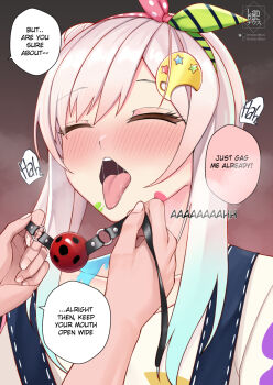 1girl airani_iofifteen airani_iofifteen_(1st_costume) artist_logo ball_gag blue_overalls blush closed_eyes collarbone english_text gag gradient_hair green_ribbon hair_bun hair_ribbon hololive hololive_indonesia landacdeus logo long_hair multicolored_hair multicolored_ribbon open_mouth overalls paid_reward_available paint_splatter paint_splatter_on_face palette_hair_ornament pink_hair pink_ribbon polka_dot polka_dot_ribbon ribbon speech_bubble striped_ribbon symbol_in_eye tongue tongue_out upper_body virtual_youtuber