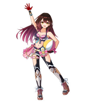 1girl arm_up ball beachball belt bikini black_shorts breasts brown_sandals cleavage commentary_request front-tie_bikini_top front-tie_top full_body gradient_hair highleg highleg_bikini highres holding holding_ball holding_beachball hololive hololive_summer_2023_swimsuit long_hair mechanical_legs medium_breasts multicolored_hair navel pink_bikini roboco-san same1029 sandals shorts simple_background smile solo striped_bikini striped_clothes swimsuit thigh_strap virtual_youtuber waving white_belt