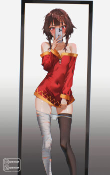 1girl absurdres bandaged_leg bandages bare_shoulders black_choker black_thighhighs blush brown_hair cellphone choker commentary covered_navel covering_face dress dress_tug english_commentary feet_out_of_frame flat_chest full-length_mirror gluteal_fold highres holding holding_phone instagram_logo instagram_username izei1337 kono_subarashii_sekai_ni_shukufuku_wo! loli long_sleeves looking_at_phone megumin mirror mirror_selfie off-shoulder_dress off_shoulder panties panty_pull phone phone_over_face red_dress red_eyes selfie short_dress short_hair_with_long_locks single_thighhigh smartphone solo standing thighhighs twitter_username twitter_x_logo underwear white_panties