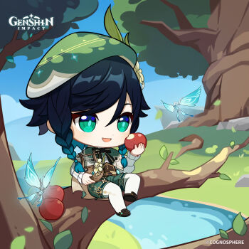 1boy absurdres apple black_shoes blue_sky braid chibi cloud commentary crystalfly_(genshin_impact) day dot_nose english_commentary food fruit genshin_impact gradient_hair green_shorts hair_between_eyes highres holding holding_food holding_fruit holding_instrument holding_lyre in_tree instrument long_sleeves low_twin_braids lyre male_focus multicolored_hair official_art open_mouth pantyhose shirt shoes short_shorts shorts sitting sitting_in_tree sky smile tree twin_braids venti_(genshin_impact) vision_(genshin_impact) white_pantyhose white_shirt