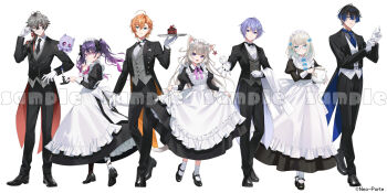 3girls 4boys :d adjusting_clothes adjusting_eyewear adjusting_gloves ahoge alternate_costume amane_amu animal_ear_piercing animal_ears antenna_hair aogiri_eito apron asymmetrical_sidelocks bandaged_ankle black_bow black_bowtie black_coat black_dress black_hair black_necktie black_pants black_pantyhose black_shoes black_suit blue_bow blue_bowtie blue_eyes blue_hair blue_necktie blunt_bangs bow bowtie butler buttons cake candle candlestand cat_ears cat_girl center-flap_bangs center_frills chocolate_cake closed_mouth coat collared_dress collared_shirt colored_tips copyright_notice cross_tie diamond_earrings double-breasted dress ear_piercing earrings enmaided expressionless fang finger_to_mouth food formal_clothes frilled_apron frills fruit full_body ghost glasses gloves grey_coat grey_eyes grey_hair grey_shirt grey_vest hair_behind_ear hair_between_eyes hair_bow hair_ornament hair_over_shoulder hairclip hand_on_eyewear hand_on_own_hip highres holding holding_candlestand holding_teapot holding_tray index_finger_raised itoi_toi_(neo-porte) jewelry juliet_sleeves kuga_leo lapels lineup long_dress long_hair long_sleeves looking_at_viewer looking_to_the_side low_ponytail maid maid_apron maid_headdress mary_janes medium_hair miya_(ete) monocle mullet multicolored_hair multiple_boys multiple_girls neck_ribbon necktie neo-porte notched_lapels official_art open_clothes open_coat open_hand open_mouth orange_coat orange_hair oxfords pants pantyhose parted_lips piercing pink_bow pink_bowtie pink_eyes pink_hair pink_ribbon pocket_square ponytail puffy_sleeves purple_eyes purple_hair red_coat red_eyes red_ribbon ribbon round_eyewear sample_watermark shibuya_hal shirayuki_reid shirt shoes short_hair sidelocks simple_background single_earring skin_fang skirt_hold smile snowflake_hair_ornament socks sparkle_earrings standing strawberry suit tailcoat teapot towel towel_on_arm traditional_bowtie tray tuxedo_shirt twintails vest virtual_youtuber watermark white_apron white_background white_gloves white_hair white_pantyhose white_shirt white_socks white_vest yozuna_niu