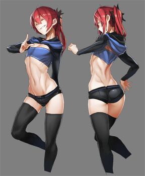 10s 1girl ^_^ arm_behind_back ass back belt black_hoodie black_shorts black_thighhighs blue_hoodie blue_tube_top clenched_hand clone closed_eyes cropped_legs dungeon_ni_deai_wo_motomeru_no_wa_machigatteiru_darou_ka female_focus flat_ass flat_chest grey_background grin hair_between_eyes head_tilt hood hoodie index_finger_raised legs loki_(danmachi) long_sleeves midriff multicolored_hoodie multiple_views navel neck ponytail red_hair short_hair short_shorts shorts simple_background skinny smile smirk standing standing_on_one_leg strapless sword_oratoria teeth tef thighhighs toned toned_female tube_top