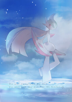 1other absurdres arm_blade blue_sky cape cloud cloudy_sky colored_skin facing_to_the_side gallade gen_4_pokemon green_hair highres horizon mega_gallade mega_pokemon mohawk muted_color nintendo ocean outdoors pokemon pokemon_(creature) pokemon_focus red_eyes ripples shiro_hinageshi sky standing standing_on_liquid standing_on_one_leg water watermark weapon white_cape white_skin wide_hips wind