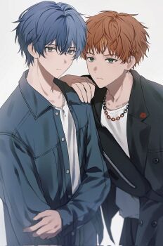 2boys aoyagi_touya closed_mouth commentary earrings green_eyes grey_eyes hand_on_another's_shoulder highres jewelry long_sleeves looking_at_viewer male_focus mole mole_under_eye multicolored_hair multiple_boys necklace orange_hair project_sekai shinonome_akito shoes single_earring symbol-only_commentary white_background white_shoes yangaengso