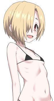 1girl alternate_costume bare_shoulders bikini black_bikini blonde_hair breasts earclip fang from_side hair_over_one_eye halulu highres idolmaster idolmaster_cinderella_girls loli looking_at_viewer looking_to_the_side micro_bikini navel one_eye_covered open_mouth red_eyes shirasaka_koume short_hair sideways_glance simple_background small_breasts smile solo stomach swimsuit tareme upper_body white_background