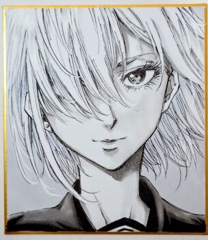 1girl closed_mouth commentary_request expressionless greyscale hair_over_one_eye long_bangs makomako1061 monochrome one_eye_covered original photo_(medium) portrait shikishi short_hair solo straight-on traditional_media