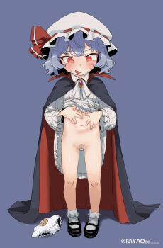 1girl absurdres alternate_costume animal_print ascot bandaid bandaid_on_pussy bear_print bear_print_panties black_cape black_shoes blue_hair blush breasts brooch cape clothes_lift commission dress dress_lift fang full_body hair_between_eyes hat hat_ribbon highres jewelry lifting_own_clothes loli long_sleeves looking_at_viewer mary_janes missing_wings mob_cap myaooo open_mouth panties pixiv_commission print_panties red_cape red_eyes remilia_scarlet ribbon shoes short_hair small_breasts smile socks sweat touhou twitter_username two-sided_cape two-sided_fabric underwear unworn_panties white_ascot white_dress white_hat white_panties white_socks