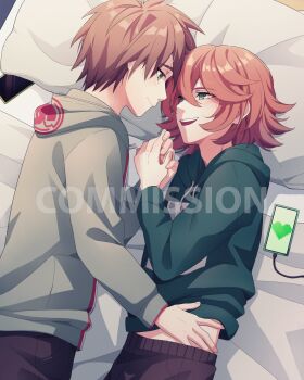 Rule 34 | 2boys, :d, absurdres, black hoodie, black pants, blush, brown hair, cheer (cheerpuppy14), commentary, danganronpa: trigger happy havoc, danganronpa (series), english commentary, eye contact, fujisaki chihiro, hair between eyes, heart, highres, hood, hood down, hoodie, long sleeves, looking at another, lying, male focus, multiple boys, naegi makoto, on side, open mouth, pants, phone, pillow, short hair, smile, yaoi