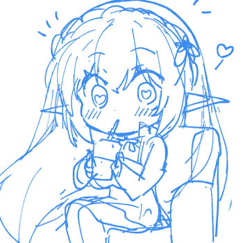 blush braid capelet chair chibi crossed_bangs crown_braid cup dress drinking drinking_straw drinking_straw_in_mouth elf hair_ribbon heart heart-shaped_pupils holding holding_cup long_hair ninoko on_chair original pointy_ears ribbon simple_background sitting sketch sylpha_(ninoko) symbol-shaped_pupils white_background
