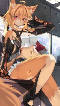 1girl ahoge an_choby animal_ear_fluff animal_ears arm_up bare_shoulders black_gloves blush breasts closed_mouth commentary_request commission cosplay fingerless_gloves fur_trim furry furry_female gloves highres long_sleeves looking_at_viewer medium_breasts medium_hair navel original pulchra_fellini pulchra_fellini_(cosplay) red_eyes shell_casing shirt short_shorts shorts sitting skeb_commission smile solo stomach tail thighs white_shirt zenless_zone_zero