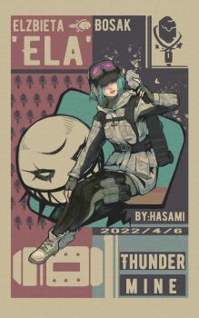 Rule 34 | 1girl, absurdres, aqua eyes, aqua hair, artist name, backpack, bag, baseball cap, black hat, black leggings, brown background, character name, chest harness, dated, ear protection, ela (rainbow six siege), explosive, fingerless gloves, gloves, goggles, goggles on headwear, green gloves, hand on own knee, harness, hat, headphones over headwear, headset, highres, holding, hood, hood down, hooded jacket, hua ha jiazi, invisible chair, jacket, leggings, lips, long sleeves, mine (weapon), parted lips, rainbow six siege, shoes, short hair, sitting, sneakers, solo, tactical clothes, teeth, two-tone leggings, upper teeth only, white jacket