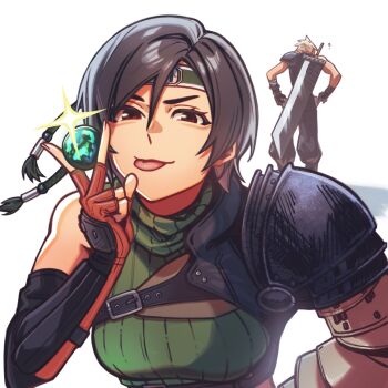 1boy 1girl ? armor baggy_pants blonde_hair brown_hair buster_sword cloud_strife commentary elbow_gloves english_commentary final_fantasy final_fantasy_vii final_fantasy_vii_rebirth final_fantasy_vii_remake fingerless_gloves from_behind glint gloves green_sweater headband highres holding looking_at_viewer materia pants seilidare short_hair shoulder_armor single_bare_shoulder single_shoulder_pad sleeveless sleeveless_turtleneck smug spiked_hair sweater sword sword_on_back theft tongue tongue_out turtleneck turtleneck_sweater upper_body weapon weapon_on_back white_background yuffie_kisaragi