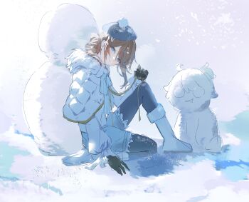 1boy absurdres alternate_costume androgynous backlighting beret black_gloves black_pantyhose blue_bow blue_bowtie blue_eyes blue_hat blue_shorts boots bow bowtie brown_hair capelet character_snowman drill_hair drill_ponytail edgar_valden frilled_sleeves frills full_body fur-trimmed_boots fur-trimmed_capelet fur_trim gloves hat head_tilt highres identity_v leg_up looking_at_viewer luca_balsa male_focus on_one_knee pantyhose pba_471 pom_pom_(clothes) puffy_sleeves shirt shorts smile snow snowman striped_bow striped_bowtie striped_clothes trap white_boots white_capelet white_shirt white_theme