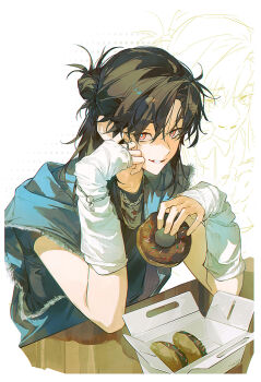 1boy black_hair donut food hair_between_eyes hair_bun head_rest highres holding holding_donut holding_food jewelry long_hair looking_at_viewer male_focus necklace original parted_bangs pink_eyes shirt short_sleeves single_hair_bun solo table xiaojiaju zoom_layer