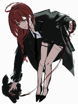 1girl bent_over black_coat chain chainsaw_man closed_mouth coat dog gongc59826 halo high_heels highres holding holding_leash leash long_hair makima_(chainsaw_man) red_hair red_halo shirt simple_background smile solo white_background white_shirt yellow_eyes