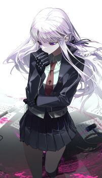 1girl black_gloves black_jacket black_skirt blood blood_on_tool blood_splatter braid brown_necktie collared_shirt commentary danganronpa:_trigger_happy_havoc danganronpa_(series) gloves hair_ribbon hammer highres jacket kirigiri_kyoko knife long_hair long_sleeves looking_down necktie pantyhose pink_blood pleated_skirt purple_eyes purple_hair ribbon roku_roughfff shirt side_braid skirt solo untranslatable_commentary white_shirt zipper