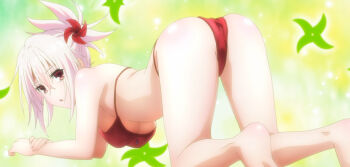 Rule 34 | 1girl, all fours, anime screenshot, arched back, ass, ayakashi triangle, bikini, breasts, feet, from behind, genderswap, genderswap (mtf), hair between eyes, hanging breasts, kazamaki matsuri, kazamaki matsuri (female), large breasts, looking at viewer, looking back, open mouth, pinwheel, pinwheel hair ornament, red eyes, red swimwear, shiny skin, sidelocks, solo, swimsuit, thighs, underboob, white hair