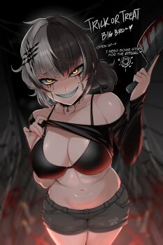 1girl :d black_bra black_choker black_hair black_shirt black_shorts blunt_bangs blurry blurry_background bra breasts choker cleaver clothes_lift commentary english_commentary english_text evil_grin evil_smile grey_hair grin highres holding holding_cleaver hololive hololive_english large_breasts long_sleeves makeup multicolored_hair myth1carts navel off-shoulder_shirt off_shoulder open_mouth ponytail runny_makeup shiori_novella shirt shirt_lift short_hair short_ponytail short_shorts shorts smile solo split-color_hair stomach underwear virtual_youtuber yellow_eyes
