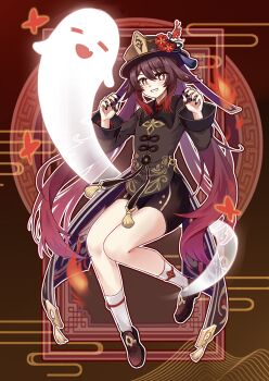 Rule 34 | 1girl, :d, absurdres, black nails, black shorts, black tailcoat, blunt ends, blush, boo tao (genshin impact), brown eyes, brown hair, brown hat, brown shoes, bug, butterfly, claw pose, commentary request, flower, flower-shaped pupils, full body, genshin impact, ghost, grin, hair between eyes, hands up, hat, hat flower, hat tassel, highres, hu tao (genshin impact), insect, kk0220, kneehighs, knees together feet apart, long hair, long sleeves, looking at viewer, nail polish, open mouth, outline, plum blossoms, porkpie hat, red butterfly, red flower, shoes, shorts, sidelocks, simple background, smile, socks, solo, symbol-shaped pupils, tailcoat, thighs, twintails, very long hair, white outline, white socks, wide sleeves