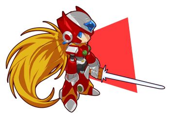 Rule 34 | 1boy, armor, blonde hair, blue eyes, chest jewel, chibi, commentary request, energy sword, forehead jewel, full body, g nm k, helmet, holding, holding sword, holding weapon, korean commentary, long hair, male focus, mega man (series), mega man x (series), red armor, red background, red helmet, simple background, solo, sword, weapon, white background, z saber, zero (mega man)