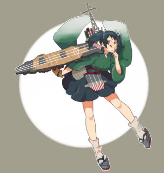 1girl arrow_(projectile) blue_hair breasts brown_gloves closed_mouth emu_(eomou) finger_to_mouth flight_deck full_body gloves green_eyes green_kimono hair_ribbon hakama hakama_skirt index_finger_raised japanese_clothes kantai_collection kimono partially_fingerless_gloves partly_fingerless_gloves quiver ribbon rigging simple_background single_glove skirt solo souryuu_(kancolle) tabi twintails white_ribbon wide_sleeves yugake