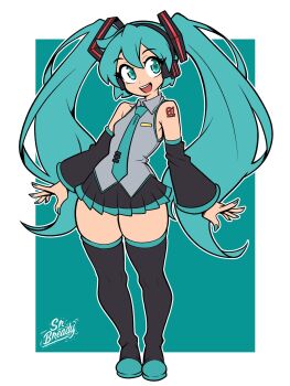 aqua_eyes aqua_hair aqua_nails aqua_necktie black_sleeves detached_sleeves hatsune_miku headphones headset highres long_hair necktie number_tattoo srbready tattoo twintails very_long_hair vocaloid