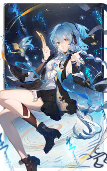 1girl absurdres black_boots black_jacket blue_hair boots braid breasts buling_(wuthering_waves) coin commentary dress hair_between_eyes headphones highres holding holding_coin holding_ofuda jacket long_hair looking_at_viewer medium_breasts ofuda parted_lips qianqianjie side_ponytail solo very_long_hair white_dress wuthering_waves yellow_eyes