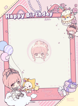 Rule 34 | 1girl, ahoge, animal, armor, armored boots, artist request, balloon, birthday cake, boots, bow, bowtie, breastplate, brown eyes, cake, cat, character name, chibi, cloak, clothed animal, coattails, commentary, copyright logo, dotted line, dress, ear covers, english commentary, english text, eyelashes, flower, food, gift, grey boots, hair bun, halftone, happy birthday, highres, holding, holding balloon, holding food, hood, hood up, hooded cloak, infinity nikki, kneehighs, light blush, logo, looking at viewer, medium dress, melody bloom (infinity nikki), momo (nikki), multiple views, nikki (nikki), nikki (series), official art, on cloud, one eye closed, open mouth, outline, picture frame, pink background, pink flower, pink hair, pink rose, pleated dress, red bow, red bowtie, rose, second-party source, short hair, short sleeves, sidelocks, single hair bun, sitting, smile, socks, tareme, template, tiara, traditional bowtie, updo, v, v-shaped eyebrows, wavy hair, white arm warmers, white cat, white dress, white outline, white socks, yellow cloak