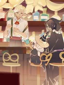 3boys alcohol bar_(place) black_robe blonde_hair blue_robe candy candy_cane champagne colored_skin commentary_request cookie_run cookie_run:_kingdom cup food food-themed_hat green_eyes grey_skin hair_over_one_eye hat highres holding holding_candy holding_candy_cane holding_cup holding_food holding_staff holding_wand hooded_robe humanization ice_cream_cone jewelry licorice_cookie multiple_boys necklace pointing pointing_up robe scarf skull_necklace sparkling_cookie staff suikaels suspenders sweatdrop waffle_cone wand white_scarf wizard wizard_cookie wizard_hat