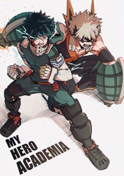 Rule 34 | 2boys, bad id, bad pixiv id, bakugou katsuki, bare shoulders, belt, belt buckle, belt pouch, black boots, black mask, black pants, blonde hair, bodysuit, boku no hero academia, boots, bright pupils, buckle, chromatic aberration, clenched hands, collarbone, colored shoe soles, commentary request, copyright name, crosshatching, detached sleeves, electricity, explosion, eye mask, fighting stance, freckles, from above, from side, full body, furrowed brow, gloves, glowing veins, green bodysuit, green eyes, green gloves, green hair, hands up, hatching (texture), headgear, highres, invisible floor, knee boots, knee pads, legs apart, looking ahead, looking to the side, male focus, mask, mask around neck, midoriya izuku, mouth mask, multicolored gloves, multiple boys, nakamu 405, on one knee, open mouth, orange gloves, outstretched arm, pants, partial commentary, pouch, red belt, sanpaku, serious, shadow, shoelaces, short hair, side-by-side, sideways mouth, snap-fit buckle, spiked hair, standing, tank top, turning head, twitter username, two-sided gloves, two-tone gloves, utility belt, v-neck, v-shaped eyebrows, white gloves, white pupils