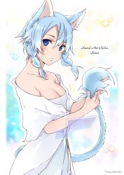 Rule 34 | 1girl, animal ears, bare shoulders, blue eyes, blue hair, blush, braid, breasts, cat ears, cat girl, cat tail, character name, cleavage, collarbone, commentary request, copyright name, dress, english text, hair between eyes, highres, holding own tail, looking at viewer, looking to the side, off-shoulder dress, off shoulder, outline, parted lips, shi-2, short hair, sinon (sao-alo), solo, sword art online, tail, twin braids, twitter username, upper body, white background, white dress, white outline