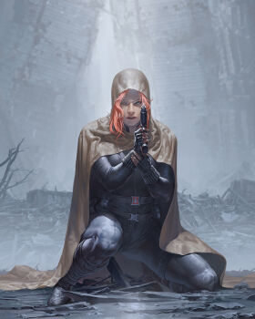 1girl aqua_eyes avengers_(series) black_bodysuit black_boots black_gloves black_widow blurry blurry_background bodysuit boots brown_cloak city cloak comic_cover commentary destruction english_commentary fingerless_gloves gloves gun handgun highres holding holding_gun holding_weapon hood hood_up looking_at_viewer marvel medium_hair missing_eye natasha_romanoff official_art orange_hair rubble scar scar_on_face signature solo squatting weapon yoon_junggeun